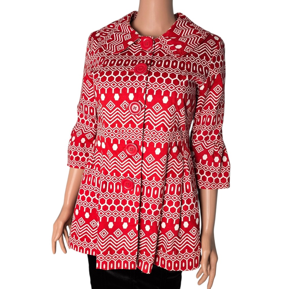 Eden Court Red Geometric Peplum Jacket Women Small Bell Sleeve Mod Vintage Style